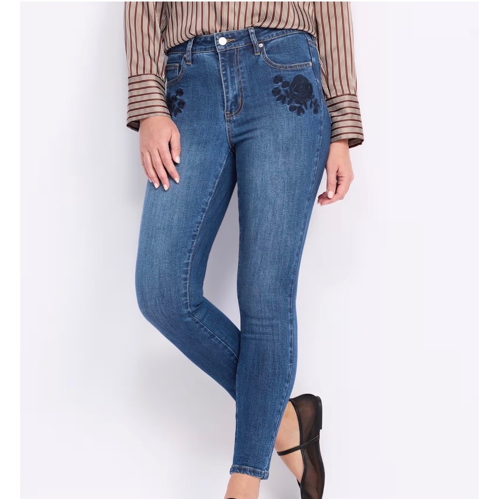 Poppy & Grace Lucca Skinny Jeans Blue Floral‎ Embroidered High Rise Size 33 NEW